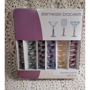 Vintage Set of 6 Wine Glass Charms Bracelets Jeweled Pearls attaches to stem